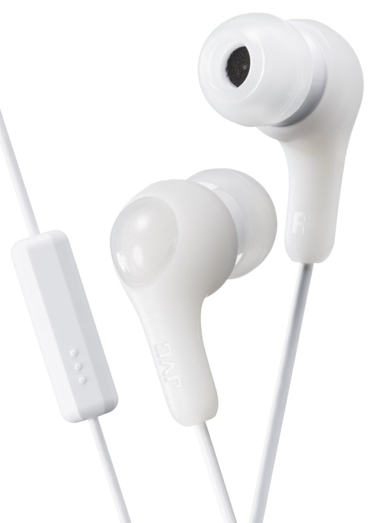 JVC WHITE GUMY In ear earbuds with stay fit ear tips and MIC. Wired 3.3ft colored cord cable with headphone jack. Small, medium, and large ear tip earpieces included. JVC GUMY HAFX7MW - Image 1
